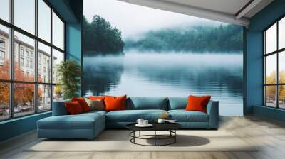 Calm lake with fog rolling over the water Wall mural