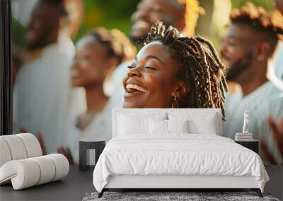 happy black woman close-up against of people in church choir in white festive clothes Wall mural