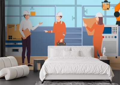 Factory in process with workers working flat design vector illustration. Industrial employees inside warehouse. Manufacturing cartoon character. Oil production worker check task. Wall mural