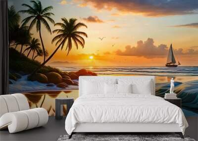 Sunset on the beach with coconut palms and sailboat made with generative AI Wall mural