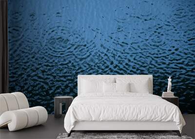 Dark blue wavy water background. Ripple blue water surface with concentric pattern waves and copy space. Rainy weather pond water texture in shades of blue color Wall mural