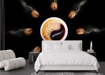 Roasted coffee beans. Seeds of freshly roasted coffee with smoke. Coffee beans closeup with emphasis on the grain with smoke. Freshly roasted coffee beans fall into a cup. Wall mural