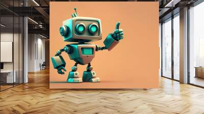 Cute robot pointing at something. Cartoon style illustration, Friendly bot holding hand up over orange background, copy space. AI generated Wall mural