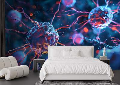 A close up of two glowing red and blue spheres with a fuzzy white background Wall mural