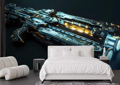 A futuristic space ship with a blue and yellow design Wall mural