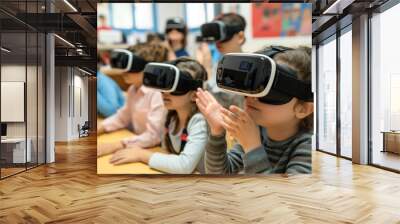 A group of children are wearing virtual reality goggles and sitting at a table Wall mural