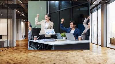 Business, technology and office concept, businessman with laptop, tablet pc computer and papers having discussion in modern office. Wall mural