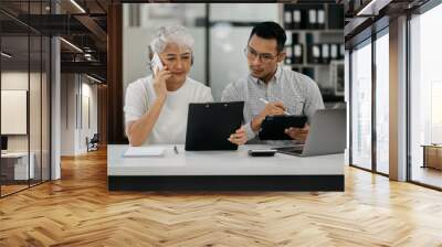 Business team using laptop computer in office. Happy people, entrepreneur, small business owner working online. Wall mural