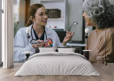 Female doctor consulting senior old patient filling form at consultation, talking to senior old patient filling signing medical paper at appointment visit in clinic. Wall mural