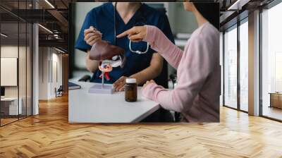 Female doctor explains to the patient the patient's work process. Diagnosis of diseases based on human anatomical models. Wall mural