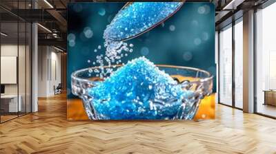 A close-up of blue sugar crystals falling from a spoon into a clear bowl, with a sparkling bokeh background under warm lighting. Wall mural