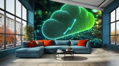 Green cloud networking with rising graph line, cloud providers partnering with renewable energy projects, Renewable partnerships, Supporting clean energy, neon green, 3D illustration landscape Wall mural