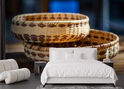 two woven baskets sitting on top of a wooden table Wall mural