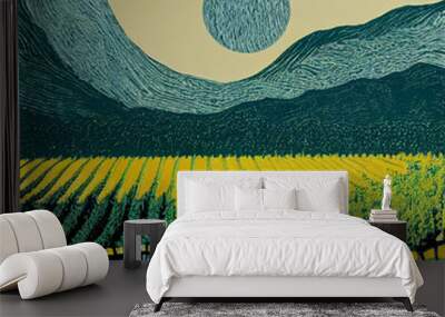 Landscape illustration with fields and hills Wall mural