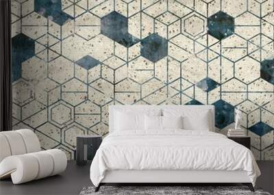 Seamless grungy hexagon pattern isometric geometry net print. High quality illustration. Minimal tech grid layout. Detailed intricate trendy graphic for surface design and print. Wall mural