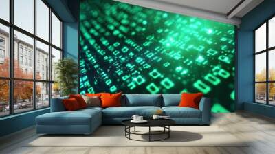 Green digital binary data on computer screen background Wall mural