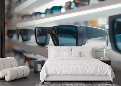 Mock up of 3d glasses on a shelf in Minamalis store Wall mural