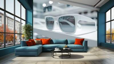 Mock up of 3d glasses on a shelf in Minamalis store Wall mural