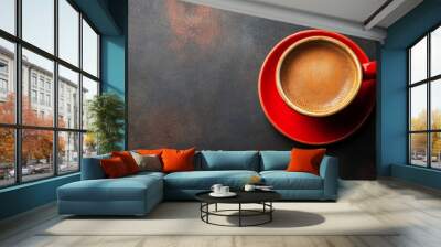 Red cup of coffee, top down view, with copyspace Wall mural