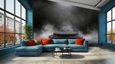 Podium black dark smoke background product platform abstract stage texture fog spotlight. Wall mural