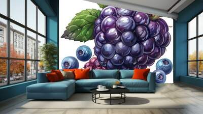 A vibrant illustration of a large blackberry with two smaller blackberries and several blueberries in a cluster, all with a cartoonish style Wall mural