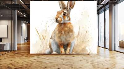 A watercolor illustration of a brown hare sitting in tall grass, looking alert and curious Wall mural