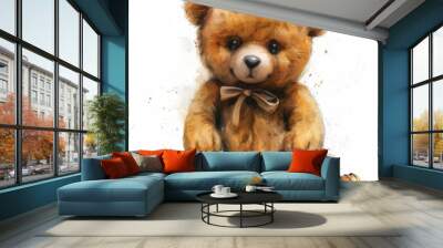 A watercolor illustration of a brown teddy bear sitting with a bow on a white background. The teddy bear is looking at the viewer with a gentle expression Wall mural