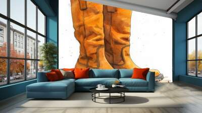 A watercolor illustration of two yellow leather boots sitting on a patch of dirt Wall mural