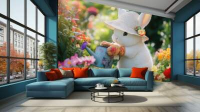 A white rabbit in a straw hat gently waters flowers in a lush, colorful garden filled with blooming blossoms Wall mural