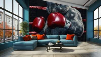 An anthropomorphic rabbit in red boxing gloves stands in a ring, showcasing strength and focus as it prepares for a match Wall mural