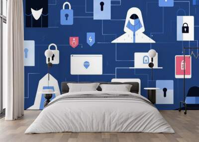 An illustration of a hacker wearing a hoodie, surrounded by various security icons and devices, such as padlocks, keys, and computers, against a blue background Wall mural