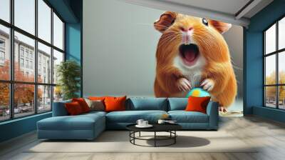 This adorable guinea pig is happily holding a blue ball with polka dots while sitting comfortably indoors, showcasing its playful personality Wall mural