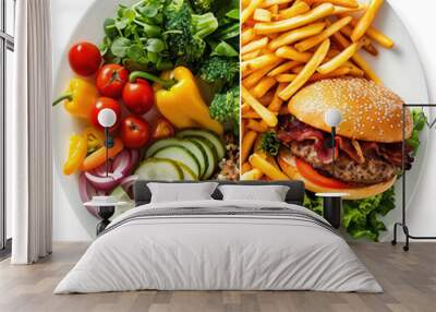 Healthy food alternatives. Split-screen photo of a healthy vegetables on the left side of the plate and fatty harmful hamburger and french fries on the right side of the plate. Lifestyle concept Wall mural