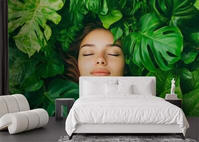 A tropical plants-inspired image of a woman surrounded by lush greenery, blending nature with serenity Wall mural