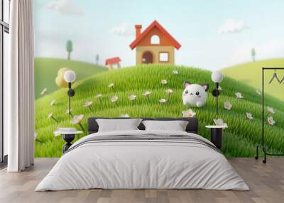 A cute cartoon cat sits in a field of flowers with a house in the background. Wall mural