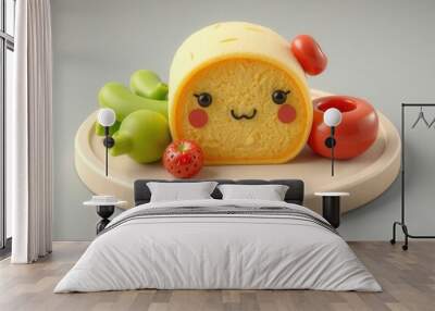 A yellow cake roll with a smiley face, two strawberries, and green bananas on a wooden platter. Wall mural