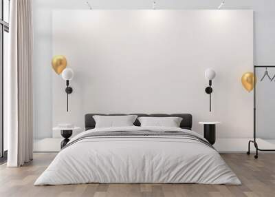 Minimalist backdrop with two golden balloons and empty white platform. Wall mural