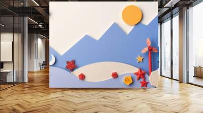 Paper cut-out mountains, sun, moon, stars, and windmills on a blue background. Wall mural