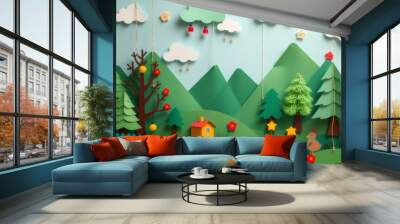 Papercraft forest scene with house, trees and clouds, on a blue background. Wall mural