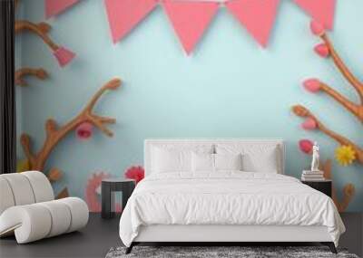 Papercraft scene with pink flamingos, wooden branches, and a table with two glasses on it. Wall mural