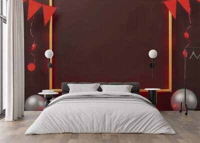 Red and Gold Festive 3D Render with Blank Frame. Wall mural