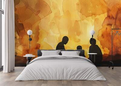 Watercolor silhouette of a family praying together soft hues casting a warm Wall mural