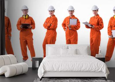 Collection set of Full body portrait of a woman worker in Mechanic Jumpsuit is holding clipboard, pen and checklist isolated on white background Wall mural