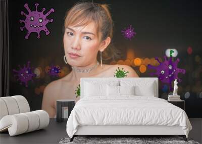 Asian woman drinking makes you more vulnerable to Covid-19 and other communicable diseases. Wall mural