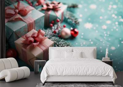 A festive Christmas banner with gift boxes wrapped in velvet ribbons and paper decorations on a turquoise background Wall mural