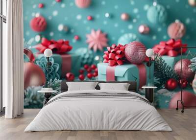 A turquoise background with gift boxes tied in velvet ribbons and surrounded by paper decorations Wall mural