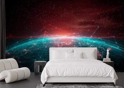 Earth surrounded by digital nodes and data streams showing global networks and blockchain technology Wall mural