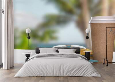 The Coffee cup on wood Table image 3d rendering.. Wall mural