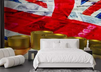 The gold coins on English flag for Business concept 3d rendering. Wall mural