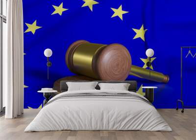 The Hammer wood law on eu flag image 3d rendering. Wall mural